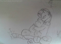 Size: 472x336 | Tagged: safe, artist:sashakast, angel bunny, fluttershy, rarity, g4, drawing, female, hug, lesbian, monochrome, pencil drawing, ship:flarity, shipping, sitting, traditional art, tree, under the tree