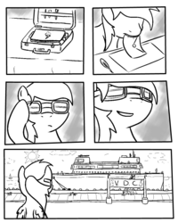 Size: 500x625 | Tagged: safe, rainbow dash, vocational death cruise, g4, boat, comic, cruise, letter, monochrome, suitcase