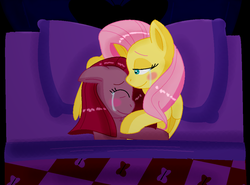 Size: 1057x784 | Tagged: safe, artist:xxmoon-dancerxx, fluttershy, pinkie pie, pony, g4, bed, duo, female, lesbian, pinkamena diane pie, ship:flutterpie, shipping