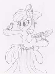 Size: 1124x1500 | Tagged: safe, artist:dfectivedvice, apple bloom, bird, g4, female, grayscale, monochrome, solo, traditional art, tree stump