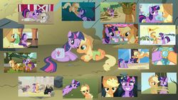 Size: 1280x720 | Tagged: safe, edit, edited screencap, screencap, alula, applejack, aura (g4), cotton cloudy, fluttershy, pinkie pie, piña colada, pluto, spike, twilight sparkle, twist, alicorn, changeling, earth pony, pony, unicorn, a canterlot wedding, call of the cutie, castle sweet castle, dragonshy, g4, rarity takes manehattan, secret of my excess, the crystal empire, the return of harmony, the super speedy cider squeezy 6000, the ticket master, trade ya!, winter wrap up, collage, discovery family, discovery family logo, female, friends, friendshipping, hub logo, lesbian, logo, mare, mare in the moon, piña cutelada, ship:twijack, shipping, story included, the hub, twilight sparkle (alicorn), unicorn twilight, wall of tags