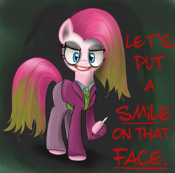 Size: 1197x1185 | Tagged: safe, artist:ohthatandy, pinkie pie, g4, batman, female, knife, pinkie joker, solo, the joker