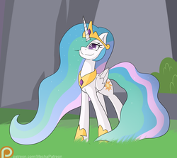 Size: 1280x1143 | Tagged: safe, artist:mechanized515, princess celestia, g4, female, grass, hair over one eye, patreon, smiling, solo, standing