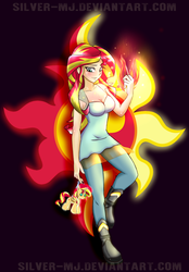 Size: 1024x1472 | Tagged: safe, artist:silver-wingx, sunset shimmer, human, equestria girls, g4, backwards cutie mark, breasts, busty sunset shimmer, cleavage, cutie mark, female, humanized, magic, plushie, solo