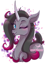 Size: 400x566 | Tagged: safe, artist:nekoi-echizen, oleander (tfh), classical unicorn, them's fightin' herds, community related, female, heart, horn, leonine tail, looking at you, one eye closed, solo, wink, winking at you