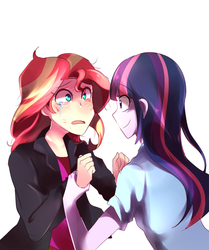 Size: 600x719 | Tagged: safe, artist:myomel, sunset shimmer, twilight sparkle, equestria girls, g4, crying, duo