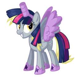 Size: 1440x1440 | Tagged: safe, artist:thecheeseburger, derpy hooves, twilight sparkle, alicorn, pony, g4, scare master, alicorn costume, clothes, costume, fake horn, fake wings, female, mare, nightmare night costume, simple background, solo, toilet paper roll, toilet paper roll horn, twilight muffins, twilight sparkle (alicorn), wig