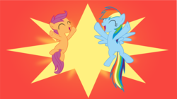 Size: 6000x3348 | Tagged: dead source, safe, artist:slb94, rainbow dash, scootaloo, pegasus, pony, brotherhooves social, g4, ^^, abstract background, eyes closed, female, filly, foal, mare, open mouth, spread wings, vector, victory, wings