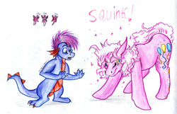 Size: 2056x1327 | Tagged: safe, artist:k-eilonwy, master kenbroath gilspotten heathspike, pinkie pie (g3), butterfly, g3, pinkie squink, traditional art