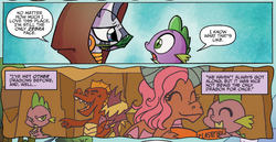 Size: 875x452 | Tagged: safe, artist:agnesgarbowska, idw, official comic, garble, mina, spear (g4), spike, zecora, dragon, zebra, friends forever #21, g4, my little pony: friends forever, spoiler:comic, dragoness, eyes closed, female, male, speech bubble