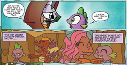 Size: 875x452 | Tagged: safe, artist:agnes garbowska, idw, official comic, garble, mina, spear (g4), spike, zecora, dragon, zebra, friends forever #21, g4, my little pony: friends forever, spoiler:comic, dragoness, eyes closed, female, male, speech bubble