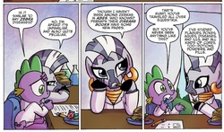 Size: 882x518 | Tagged: safe, artist:agnesgarbowska, idw, official comic, spike, zecora, zebra, friends forever #21, g4, my little pony: friends forever, spoiler:comic, eating, gem, hay
