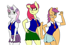 Size: 1274x809 | Tagged: safe, artist:mrironmustang, apple bloom, scootaloo, sweetie belle, earth pony, pegasus, unicorn, anthro, g4, age progression, clothes, cutie mark crusaders, older, school uniform, simple background, skirt, skirtaloo, white background