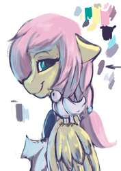 Size: 1033x1462 | Tagged: safe, artist:risterdus, fluttershy, bird, g4, alternate hairstyle, female, looking at you, ponytail, rough sketch, simple background, smiling, solo
