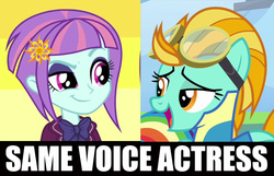 Size: 696x448 | Tagged: safe, lightning dust, sunny flare, human, equestria girls, g4, my little pony equestria girls: friendship games, britt irvin, exploitable meme, meme, same voice actor, voice actor