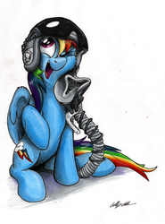 Size: 1986x2681 | Tagged: safe, artist:mattings, rainbow dash, g4, backwards cutie mark, cute, dashabetes, female, helmet, looking up, mask, oxygen mask, simple background, solo, traditional art, wink