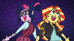 Size: 1232x684 | Tagged: safe, sci-twi, sunset shimmer, twilight sparkle, equestria girls, g4, my little pony equestria girls: friendship games, :d, deleted scene, homesick shimmer, what more is out there