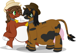 Size: 1024x712 | Tagged: safe, artist:bronzepony, oc, oc only, oc:bronze, oc:southern comfort, cow pony, belly, cloven hooves, cowbell, hat, implied vore, udder