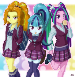 Size: 978x1000 | Tagged: safe, artist:uotapo, adagio dazzle, aria blaze, sonata dusk, human, equestria girls, g4, my little pony equestria girls: friendship games, adoragio, ariabetes, clothes, colored pupils, crystal prep academy, crystal prep academy uniform, cute, dazzlebetes, eating, female, food, frilly socks, looking at you, pigtails, ponytail, school uniform, schoolgirl toast, socks, sonatabetes, stockings, the dazzlings, toast, twintails, uotapo is trying to murder us, zettai ryouiki
