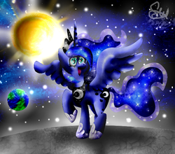 Size: 590x519 | Tagged: safe, artist:spiralwish, princess luna, pony, g4, female, moon, solo, space, sun