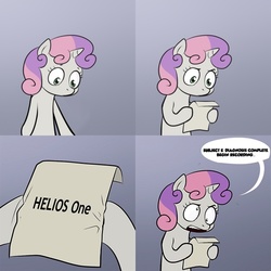 Size: 600x600 | Tagged: safe, sweetie belle, pony, robot, unicorn, g4, comic, ed-e, exploitable meme, eyebot, fallout, fallout: new vegas, female, filly, foal, helios one, hooves, horn, meme, solo, sweetie bot, sweetie's note meme