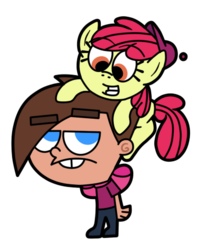 Size: 385x476 | Tagged: dead source, safe, artist:yukarishy, apple bloom, earth pony, human, pony, g4, accessory swap, apple bloom's bow, bow, crossover, duo, female, filly, hair bow, hat, male, mare, simple background, smiling, the fairly oddparents, timmy turner, transparent background, unamused
