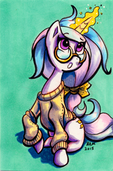 Size: 532x800 | Tagged: safe, artist:truespawnling, princess celestia, pony, unicorn, g4, clothes, female, glasses, solo, sweater, young