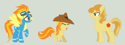 Size: 1316x480 | Tagged: safe, artist:deppressedunicorn, braeburn, spitfire, oc, oc:fireside apple, g4, family, female, male, offspring, parent:braeburn, parent:spitfire, parents:spitburn, shipping, simple background, spitburn, straight