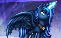 Size: 2000x1250 | Tagged: safe, artist:ikuvaito, princess luna, g4, double, female, looking at you, magic, solo, wallpaper