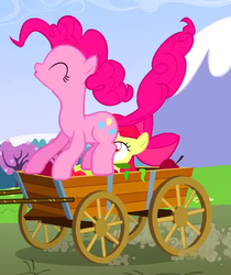 Size: 464x552 | Tagged: safe, screencap, apple bloom, pinkie pie, earth pony, pony, g4, too many pinkie pies, apple, cart, cropped, eyes closed, female, filly, food, mare, out of context, tree