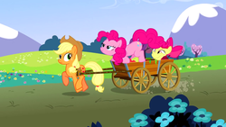 Size: 1280x720 | Tagged: safe, edit, edited screencap, screencap, apple bloom, applejack, pinkie pie, g4, too many pinkie pies, cart