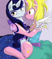 Size: 900x1022 | Tagged: safe, artist:suzumaru, moonlight raven, sunshine smiles, pony, unicorn, canterlot boutique, g4, clothes, cute, dress, female, mare, over the moon, sisters, tripping the light