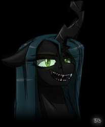 Size: 2002x2422 | Tagged: dead source, safe, artist:lrusu, queen chrysalis, changeling, changeling queen, g4, female, glowing eyes, grin, high res, kitchen eyes, looking at you, open mouth, sharp teeth, solo