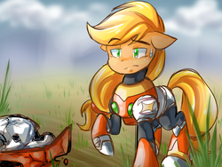 Size: 1600x1200 | Tagged: safe, artist:thegreatrouge, applejack, g4, made in manehattan, crossover, female, mega man (series), megaman x, scene interpretation, solo, zero