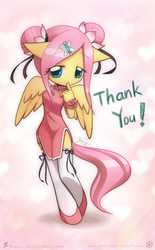 Size: 800x1294 | Tagged: safe, artist:howxu, fluttershy, pegasus, anthro, unguligrade anthro, g4, alternate hairstyle, ambiguous facial structure, cheongsam, clothes, cute, double buns, female, moe, odango, shyabetes, solo, thank you