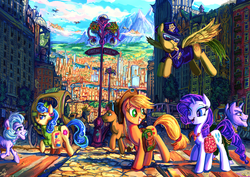 Size: 1338x945 | Tagged: safe, artist:jowyb, applejack, blueberry curls, rarity, earth pony, pony, unicorn, g4, made in manehattan, bags, city, clothes, cloud, female, freckles, glasses, hat, jewelry, looking at each other, male, manehattan, mare, mountain, necklace, open mouth, pearl necklace, scene interpretation, sky, smiling, stallion