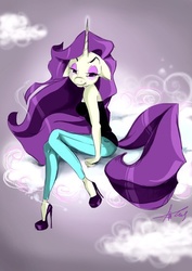 Size: 394x557 | Tagged: safe, artist:sertaa, rarity, unicorn, anthro, g4, clothes, cloud, cloudy, female, high heels, mare, shoes, solo