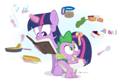 Size: 950x625 | Tagged: safe, artist:dm29, spike, twilight sparkle, g4, book, breakfast, carrot, coffee, cookbook, duo, egg, magic, pancakes, simple background, spatula, spoon, transparent background