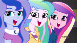 Size: 1360x768 | Tagged: safe, edit, edited screencap, screencap, dean cadance, princess cadance, princess celestia, princess luna, principal celestia, vice principal luna, equestria girls, g4, my little pony equestria girls: friendship games, looking at you, no makeup edit, open mouth, smiling