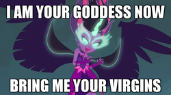 Size: 640x357 | Tagged: safe, edit, edited screencap, screencap, sci-twi, twilight sparkle, equestria girls, g4, my little pony equestria girls: friendship games, bring me your virgins, caption, female, i am your god now bring me your virgins, image macro, meme, midnight sparkle, solo