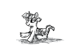 Size: 520x390 | Tagged: safe, artist:octoling, spike, twilight sparkle, alicorn, hybrid, pony, g4, cute, doodle or die, fangs, female, fusion, mare, monochrome, simple background, sitting, sketch, smiling, solo, twilight sparkle (alicorn), we have become one, what has magic done, what has science done