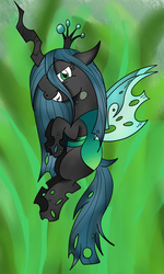 Size: 1024x1706 | Tagged: safe, artist:theartistsora, queen chrysalis, changeling, changeling queen, g4, female, flying, grin, solo