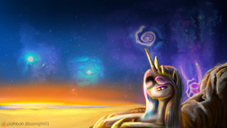 Size: 1920x1080 | Tagged: safe, artist:bluenight01, princess celestia, g4, beach, dusk, female, nebula, on side, solo, stars, sunset, twilight (astronomy), water