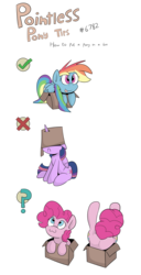 Size: 1746x3404 | Tagged: dead source, safe, artist:jittery-the-dragon, pinkie pie, rainbow dash, twilight sparkle, alicorn, pony, g4, :3, :c, :p, box, cute, dashabetes, diapinkes, female, mare, now you're thinking with portals, pinkie being pinkie, pointless pony tips, pony in a box, portal, silly, silly pony, tongue out, twiabetes, twilight sparkle (alicorn), twilight sparkle is not amused