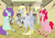 Size: 800x566 | Tagged: safe, artist:amaya-chans2, blueberry pie, derpy hooves, raspberry fluff, pony, equestria girls, g4, my little pony equestria girls: rainbow rocks, background human, deviantart watermark, equestria girls ponified, female, obtrusive watermark, ponified, the muffins, trio, trio female, watermark