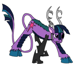 Size: 1033x845 | Tagged: safe, artist:earlannex, twilight sparkle, dracony, hybrid, g4, alternate universe, enchancements, eyepatch, female, part changeling, prosthetic limb, solo, species swap