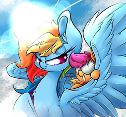 Size: 2200x2050 | Tagged: safe, artist:madacon, rainbow dash, scootaloo, pegasus, pony, g4, big ears, color porn, cute, cutealoo, dashabetes, duo, duo female, female, filly, flying, foal, goggles, high res, lens flare, mare, scootalove, sun