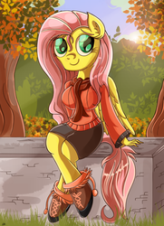 Size: 1400x1937 | Tagged: safe, artist:daniel-sg, fluttershy, pegasus, anthro, g4, autumn, black skirt, boots, clothes, digital art, female, looking at you, mare, outdoors, pom pom (clothes), red sweater, scarf, shoes, sitting, skirt, solo, sweater, sweatershy