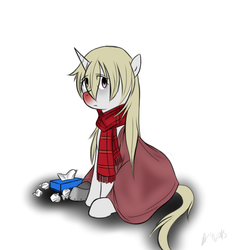 Size: 744x750 | Tagged: safe, artist:fullmetalpikmin, oc, oc only, oc:cherry blossom, blanket, clothes, congenital amputee, eye clipping through hair, red nosed, scarf, sick, solo, tissue, tissue box