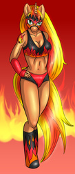 Size: 1024x2342 | Tagged: safe, artist:jengaleia, oc, oc only, oc:flare firestorm, anthro, anthro oc, belly button, boots, cleavage, clothes, female, fire, mask, midriff, solo, sports bra, tattoo, wrestler, wrestling